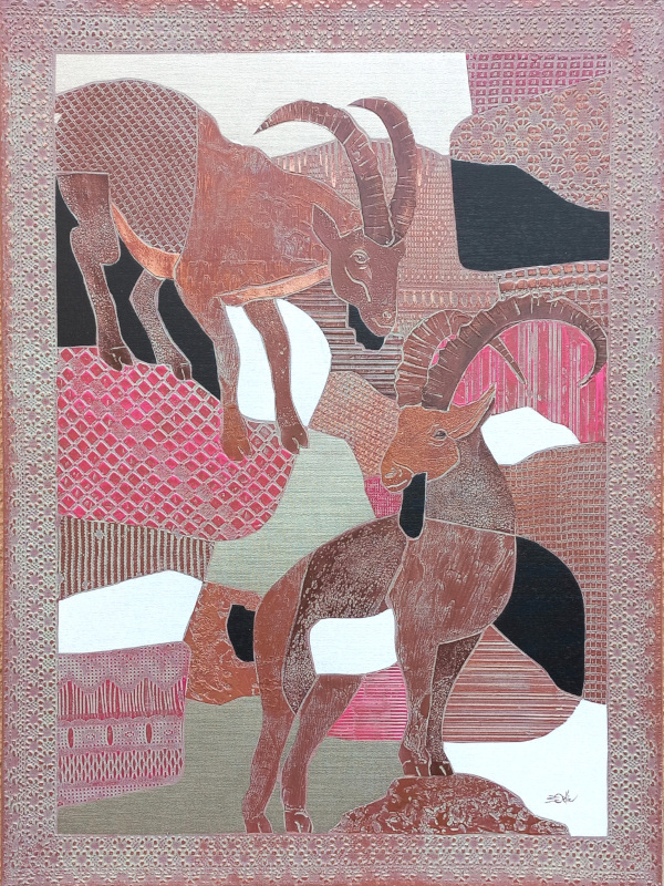 60x80cm BOUQUETINS. Aspect cuivre et rose